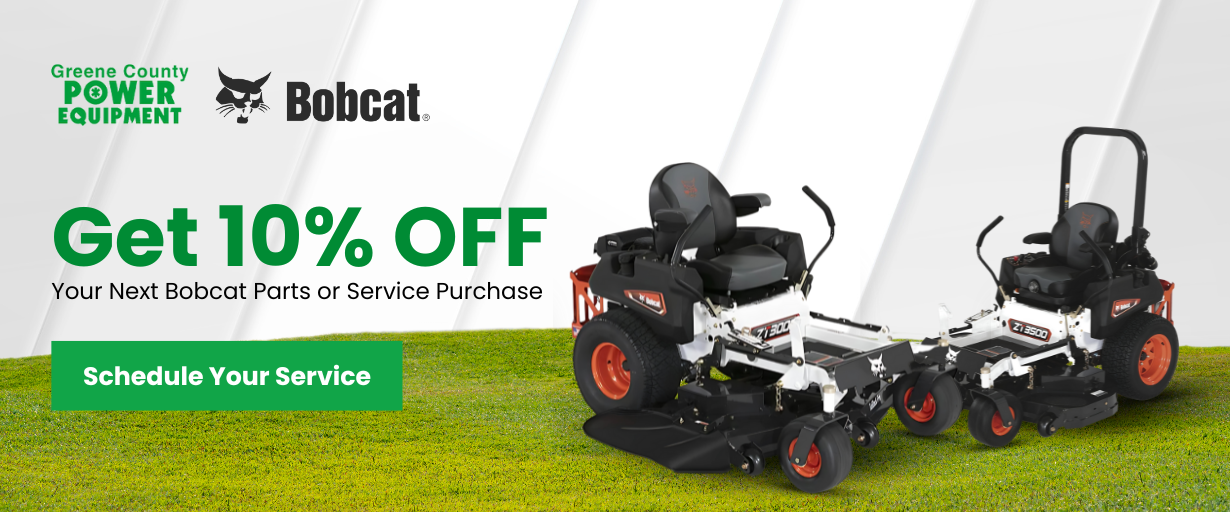 Greene County Power Equipment banner featuring two Bobcat zero-turn mowers on green grass, promoting 10% off Bobcat parts or service.