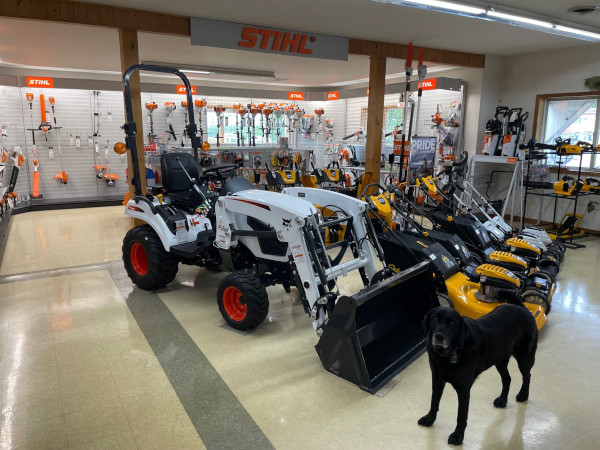 Inside Greene County Power Equipment in Greenville, NY, displaying a Bobcat compact tractor with a front loader attachment, surrounded by Cub Cadet lawn mowers and STIHL power tools mounted on the walls. A black Labrador stands in the foreground on the showroom's polished tile floor.